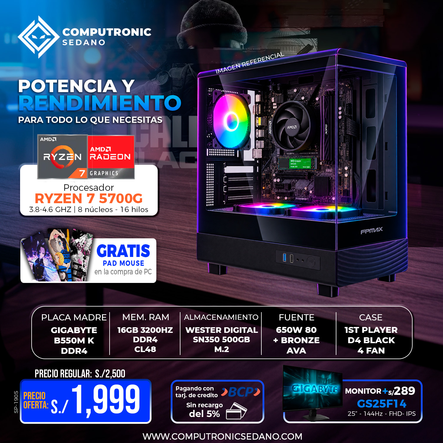SP-1905 5700G + B550MK + 16GB +500GB + DIAMOND PC GAMER RYZEN 7 5700G + MB B550MK + RAM 16GB +SSD 500GB + CASE DIAMOND + FUENTE 650W - Imagen 1