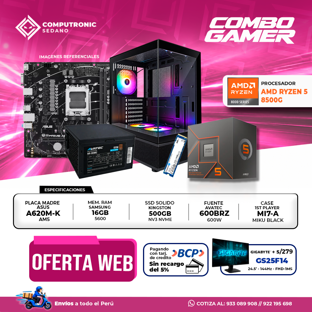 8500G + 16GB RAM + SSD 500GB + 600W + MIKU BK -1 PC GAMER AMD RYZEN 5 8500G + A620M-K + 16GB RAM DDR5 + SSD 500GB + 600W + CASE MIKU BLACK - Imagen 1