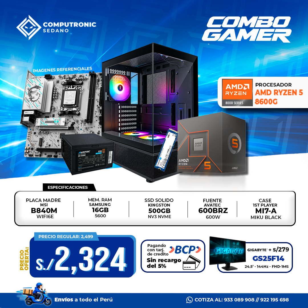 8600G + 840M + 16GB RAM + 500GB + 600W + MIKU BK-1 PC GAMER AMD RYZEN 5 8600G + B840M WIFI6E + 16GB RAM DDR5 + SSD 500GB + 600W + CASE MIKU BLACK - Imagen 1