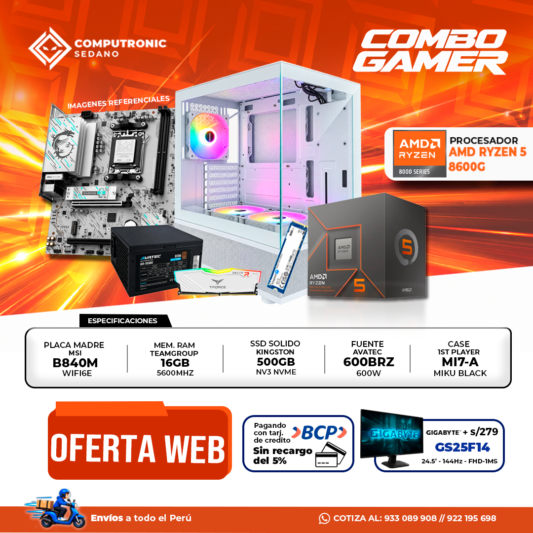 8600G + B840M + 16GB RAM + 500GB + 600W + MIKU WH PC GAMER AMD RYZEN 5 8600G + B840M WIFI6E + 16GB RAM DDR5 + SSD 500GB + 600W + CASE MIKU WHITE - Imagen 1