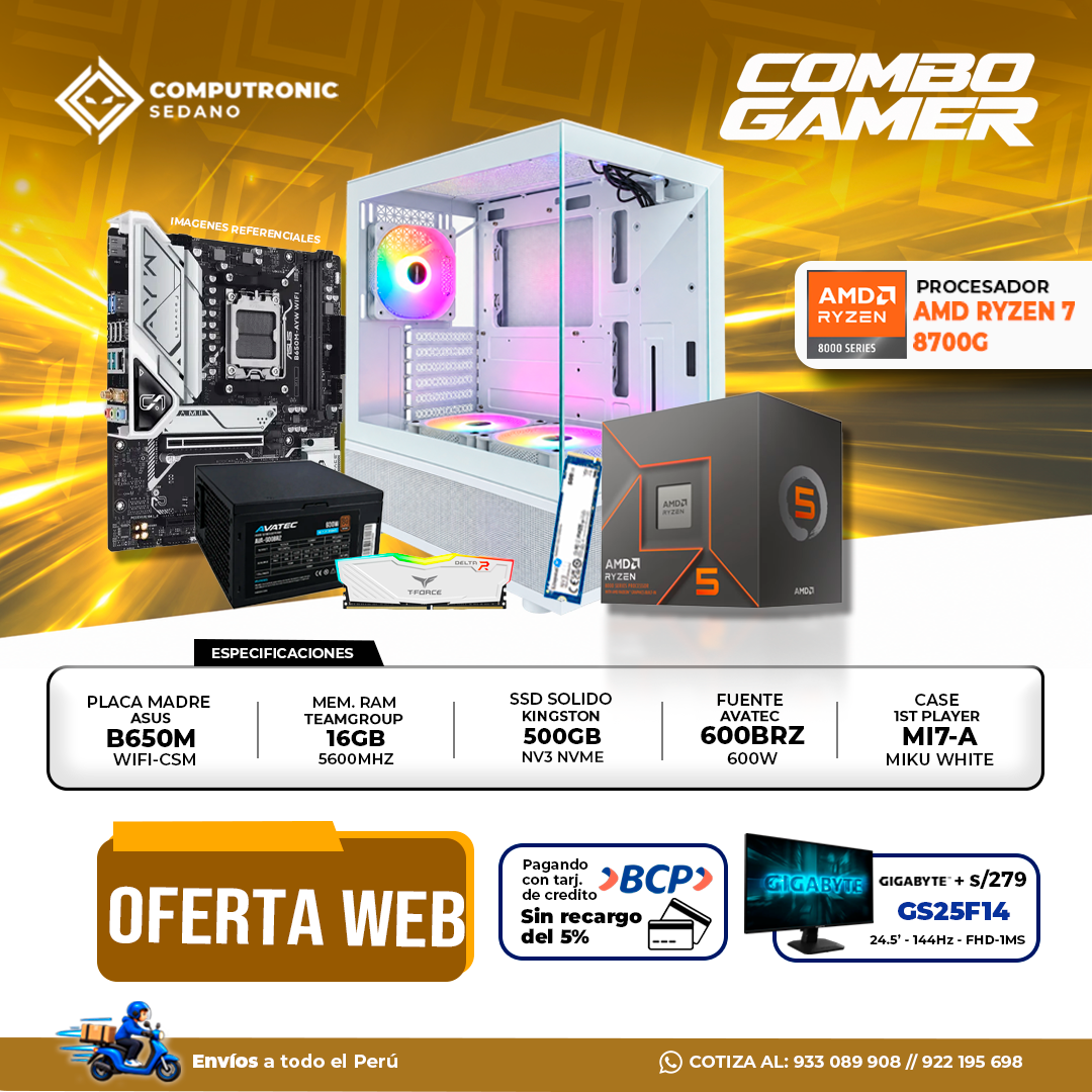 8700G + B650M AYW + 16GB RAM + 500GB + 600W + MIKU WH-1 PC GAMER AMD RYZEN 7 8700G + B650M WIFI-CSM + 16GB RAM DDR5 + SSD 500GB + 600W + CASE MIKU WHITE - Imagen 1
